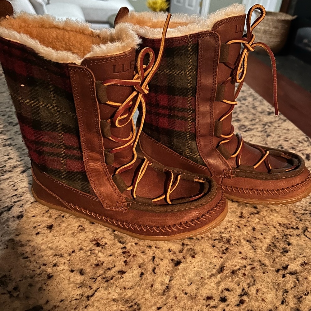 L.L. Bean Women's Plaid Leather Slippers - Brown and Red